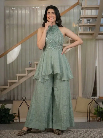 Luxe Hand-Embroidered Sharara Palazzo Set - Elegant High Neck Festive Wear for Women