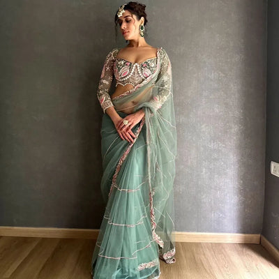 Luxe Heavy Work Net Saree - Designer Pearl Embroidery for Festive Wear