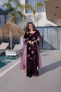 Premium Ice Velvet Palazzo Set with Zari Embroidered Bell Sleeves & Sequined Fendi Dupatta - Exclusive Festive Party Wear