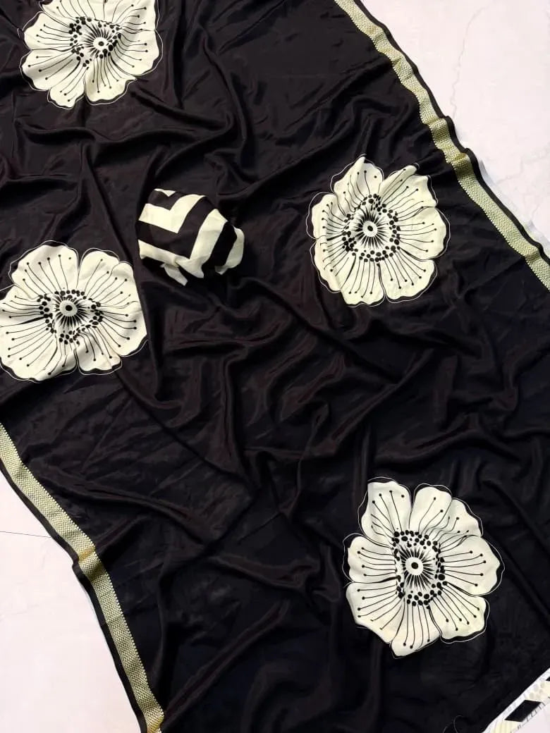 Black Italian silk saree with white floral print and gold border