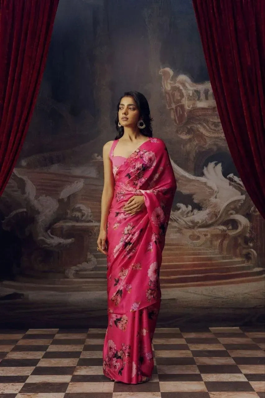 Model wearing pink digital print Japan satin saree front view