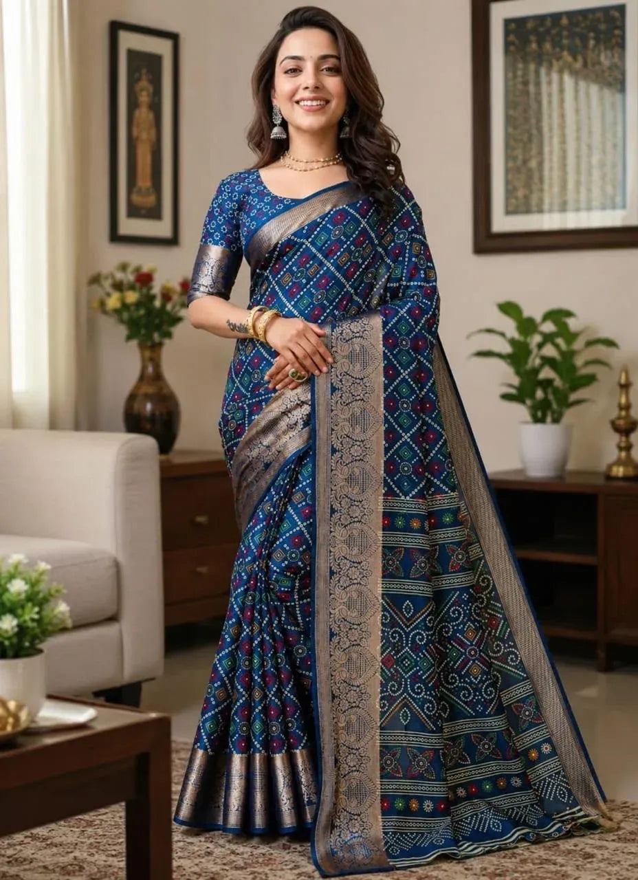 Full length view of model in blue dola cotton printed saree