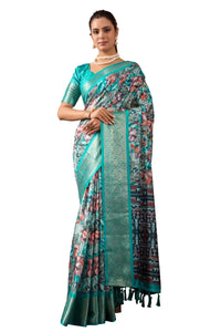 Luxe Lichi Silk Saree - Elegant Sea Green Printed Festive Wear for Women