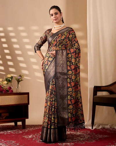 Luxe Lichi Silk Saree with Digital Floral Motifs & Golden Zari Border - Festive Wear for Women