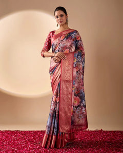 Luxe Lichi Silk Saree with Floral Prints & Woven Zari Border for Women's Festive Wear