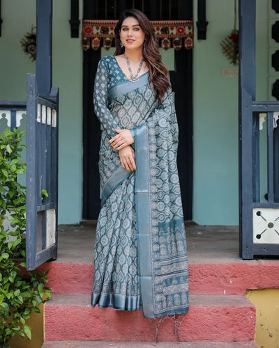 Luxe Linen Cotton Saree - Intricate Geometric Weave Festive Wear for Women