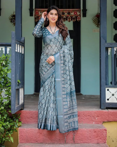 Luxe Linen Cotton Saree - Intricate Geometric Weave Festive Wear for Women