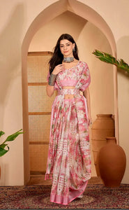 Luxe Linen Cotton Saree - Stunning Abstract Digital Print Festive Wear for Women