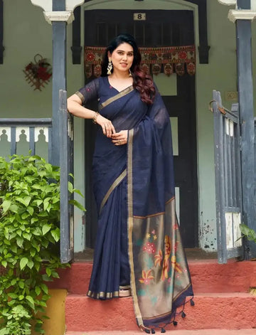 Luxe Linen Silk Saree with Rich Zari Border | Festive Wear