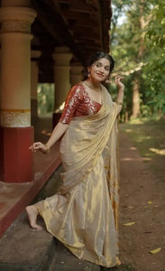 Luxe Linen Zari Tissue Silk Saree with Blouse for Women