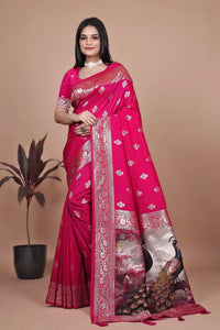 Luxe Magenta Silk Saree - Elegant Peacock Pallu Wedding Wear