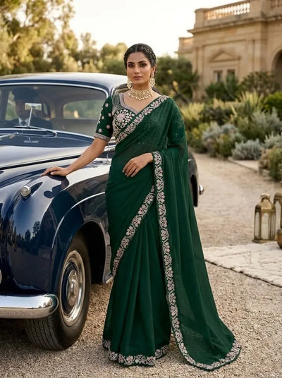 Luxe Malay Satin Silk Saree with Beads Embroidery for Wedding Wear