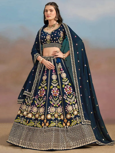 Luxe Midnight Blue Floral Georgette Lehenga Choli - Elegant Traditional Style for Wedding Festive Wear