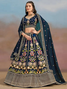 Luxe Midnight Blue Floral Georgette Lehenga Choli - Elegant Traditional Style for Wedding Festive Wear