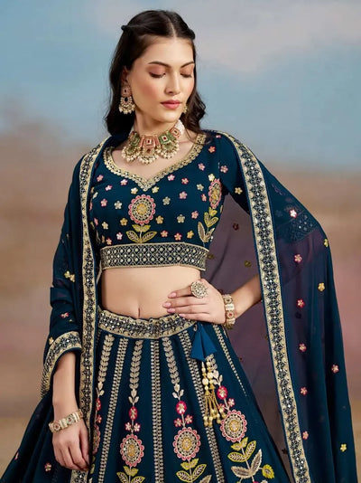 Luxe Midnight Blue Floral Georgette Lehenga Choli - Elegant Traditional Style for Wedding Festive Wear
