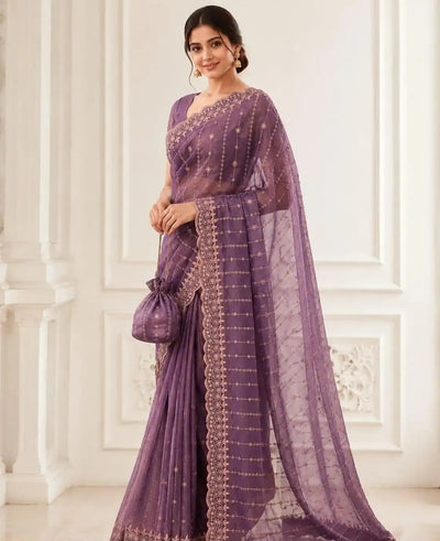 Luxe Moss Gold Shine Sequence Saree - Heavy Embroidery Festive Wear for Women