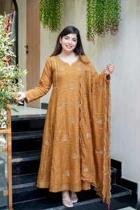 Luxe Mul Chanderi Suit - Embroidered Neck Dupatta for Women
