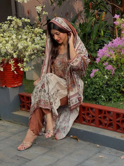 Luxe Muslin Aari Work Salwar Suit Set with Mirror Details - Elegant Festive Wear for Women