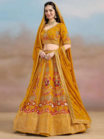 Luxe Mustard Georgette Lehenga Choli with Floral Embroidery for Festive Wear