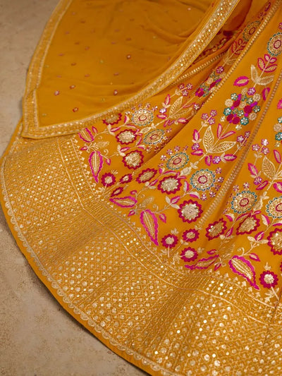 Luxe Mustard Georgette Lehenga Choli with Floral Embroidery for Festive Wear