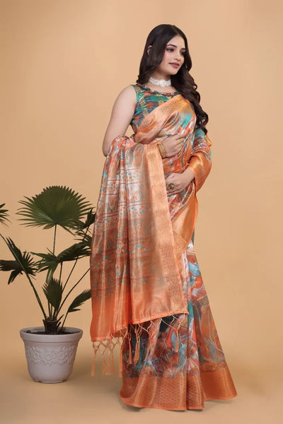 Luxe Orange Soft Silk Blend Saree with Elegant Zari Border for Festive Weddings
