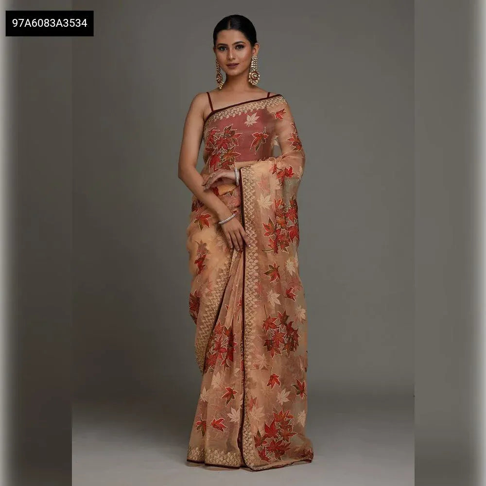 Premium Peach Floral Organza Saree with Swarovski Work