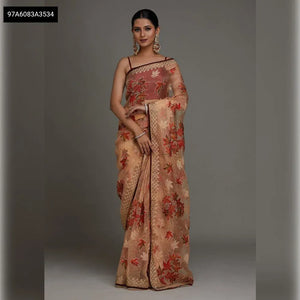 Premium Peach Floral Organza Saree with Swarovski Crystal Embellishments for Weddings & Parties
