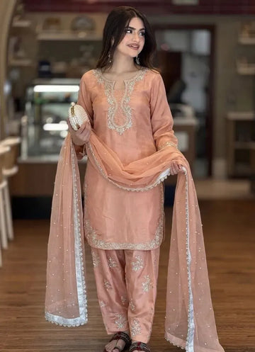 Luxe Party Wear Palazzo Set - Embroidered Glass Silk Farshi Suit for Women