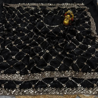 Luxe Party Wear Saree - Original Gold Beeds & Sequin Work for Women