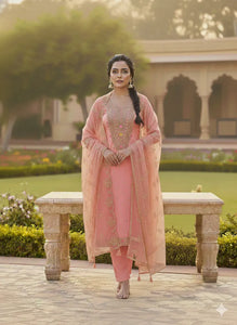 Luxe Peach Embroidered Suit - Chanderi Fabric for Festive Wear