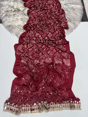 Luxe Printed Satin Silk Saree with Designer Mirror Work for Festive Wear