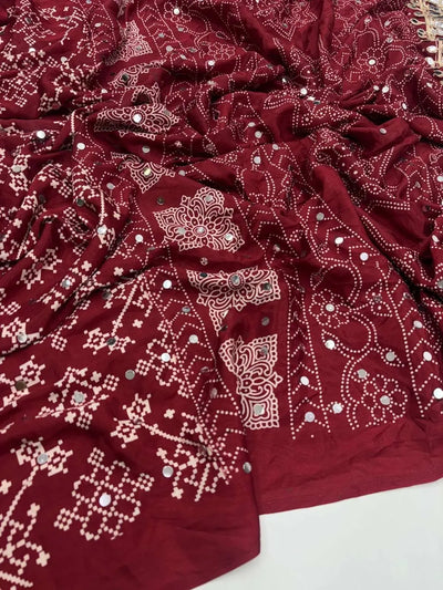 Luxe Printed Satin Silk Saree with Designer Mirror Work for Festive Wear