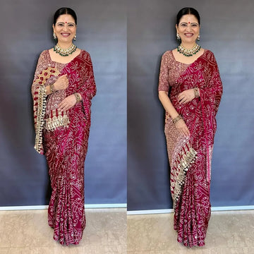 Luxe Pure Crepe Silk Saree with Ajrakh Print & Mirror Work for Festive Celebrations