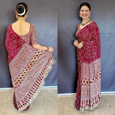 Luxe Pure Crepe Silk Saree with Ajrakh Print & Mirror Work for Festive Celebrations