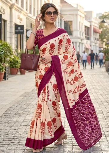 Luxe Pure Mulmul Cotton Ikkat Saree - Hand Block Printed for Women