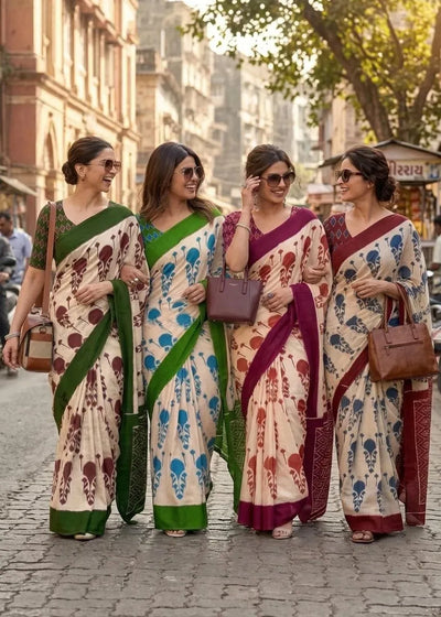 Luxe Pure Mulmul Cotton Ikkat Saree - Hand Block Printed for Women
