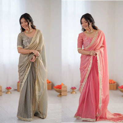 Luxe Ready-to-Wear Fendy Silk Saree - Elegant Lace & Sequin Blouse for Festive Glam