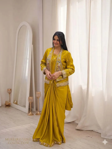 Luxe Ready to Wear Jacket Saree - Elegant Embroidery Heavy Crep Satin Party Wear for Women