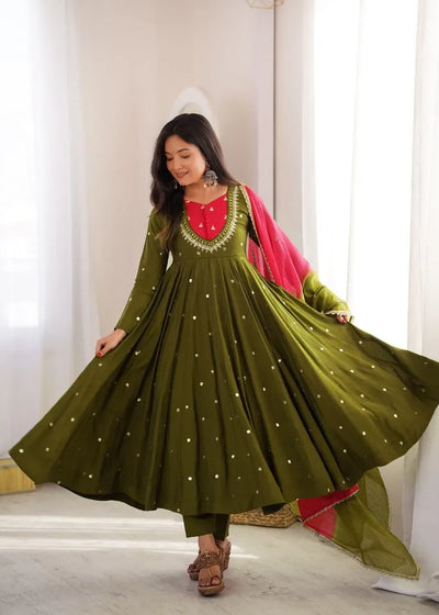 Luxe Roman Silk Anarkali Gown Set - Elegant Mirror Work Party Wear for Women