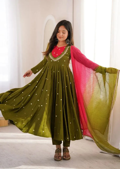 Luxe Roman Silk Anarkali Gown Set - Elegant Mirror Work Party Wear for Women