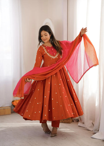 Luxe Roman Silk Anarkali Gown with Real Mirror Work - Elegant Festive Wear for Women