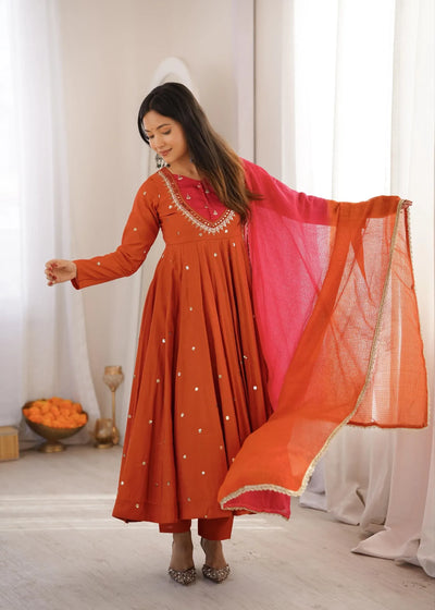 Luxe Roman Silk Anarkali Gown with Real Mirror Work - Elegant Festive Wear for Women