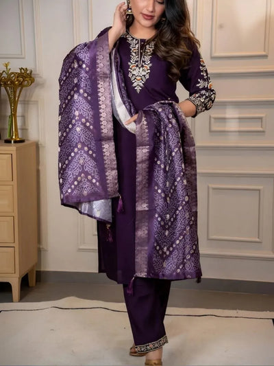 Luxe Roman Silk Kurti Set - Elegant Embroidery Festive Wear for Women