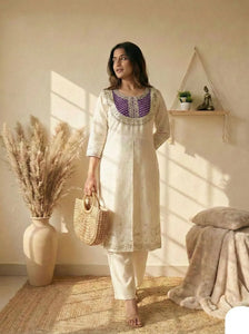 Luxe Roman Silk Kurti Set - Heavy Embroidery Festive Wear for Women