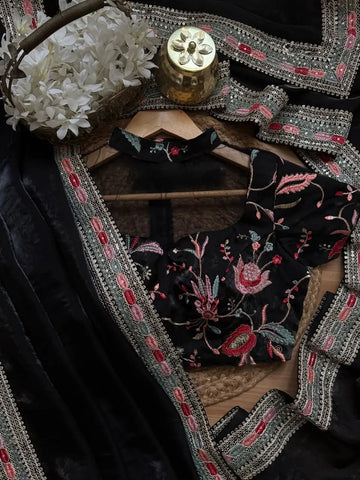 Luxe Satin Chiffon Saree with Designer Sequence Work Blouse - Elegant Festive Wear