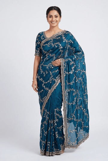 Luxe Satin Chiffon Saree with Real Beads Work for Festive Celebrations