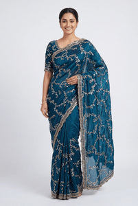 Luxe Satin Chiffon Saree with Real Beads Work for Festive Celebrations