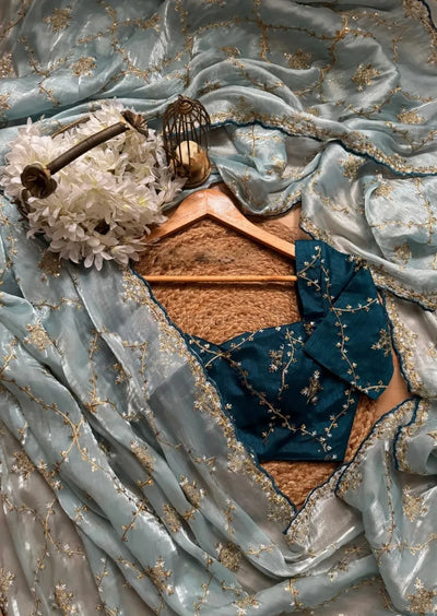 Luxe Satin Embroidery Saree with Heavy Work Blouse for Festive Wear