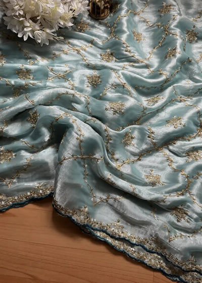 Luxe Satin Embroidery Saree with Heavy Work Blouse for Festive Wear