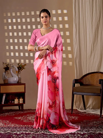 Luxe Satin Georgette Saree - Festive Floral Print for Women